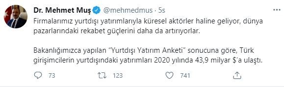 Türk girişimcilerin yurt dışındaki yatırımları 43,9 milyar dolar oldu