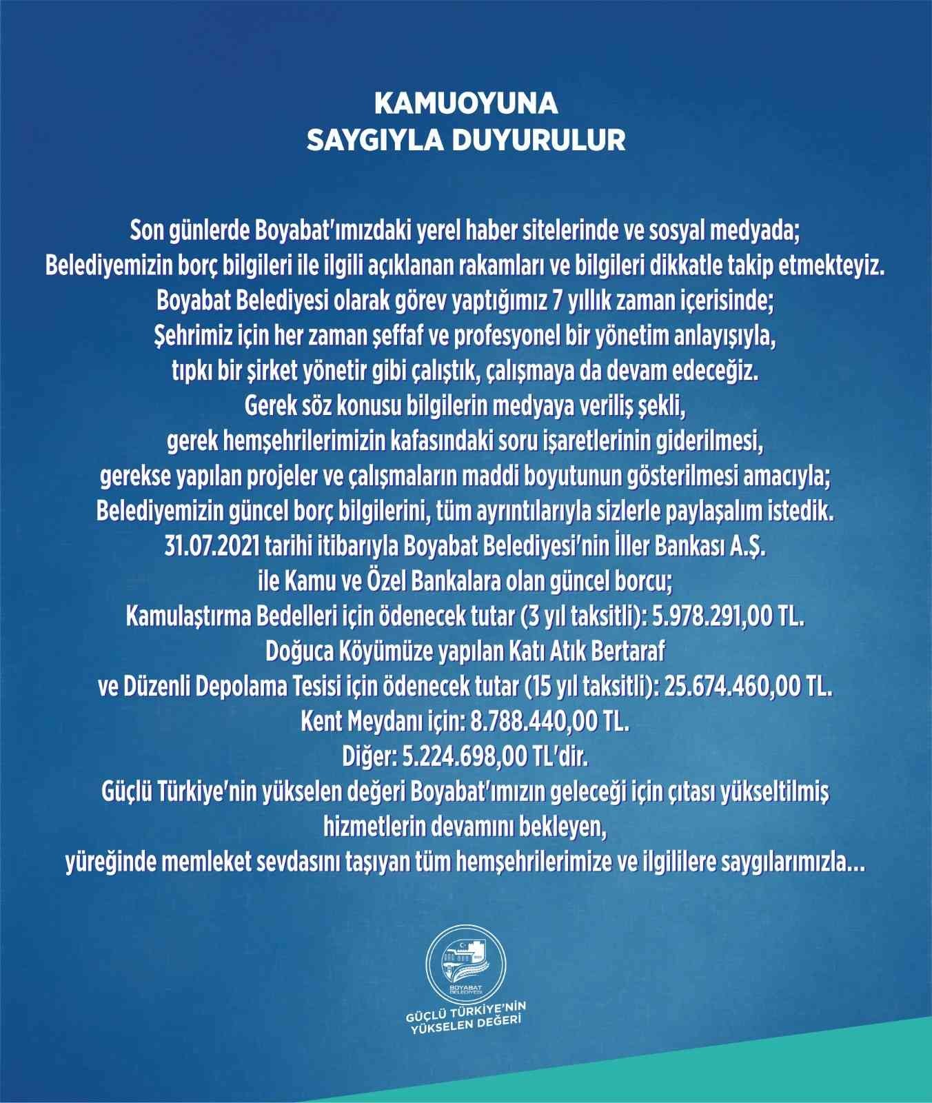 Boyabat Belediyesi güncel borç rakamlarını açıkladı