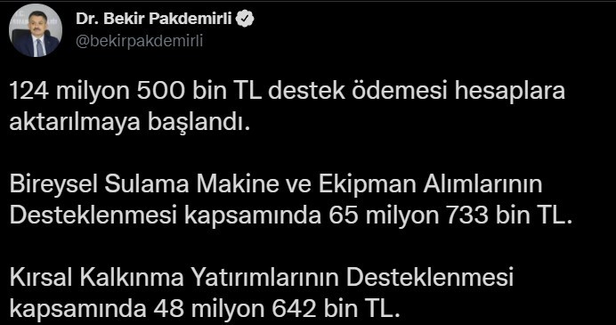 Bakan Pakdemirli: "124 milyon liralık destek ödemesi hesaplara aktarılmaya başlandı"