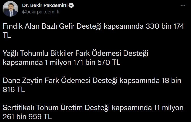 Bakan Pakdemirli: “13 milyon lirayı aşkın destek ödemesi hesaplara aktarılmaya başlandı”