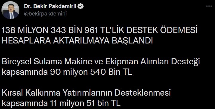 Bakan Pakdemirli: “138 milyon 343 bin liralık destek ödemesi hesaplara aktarılmaya başlandı”