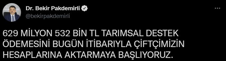 Pakdemirli, 629 milyon liralık tarım destek ödemelerini çiftçilerin hesaplarına aktarmaya başladıklarını duyurdu