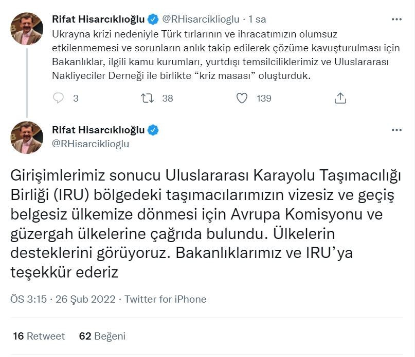 Hisacıklıoğlu: "Türk tırlarının olumsuz etkilenmemesi için kriz masası oluşturduk"
